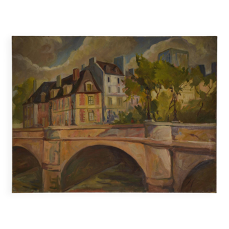 Oil painting on canvas in post-impressionist figurative style, Canal Poirot, 20th century 1980.