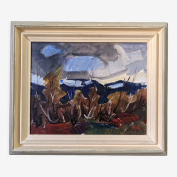 Mid-century modern swedish vintage landscape oil painting