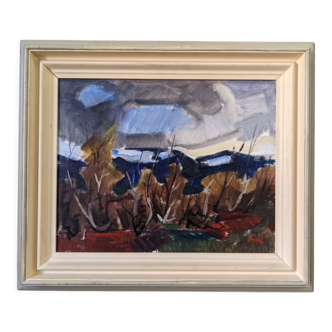 Mid-century modern swedish vintage landscape oil painting