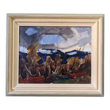 Mid-century modern swedish vintage landscape oil painting