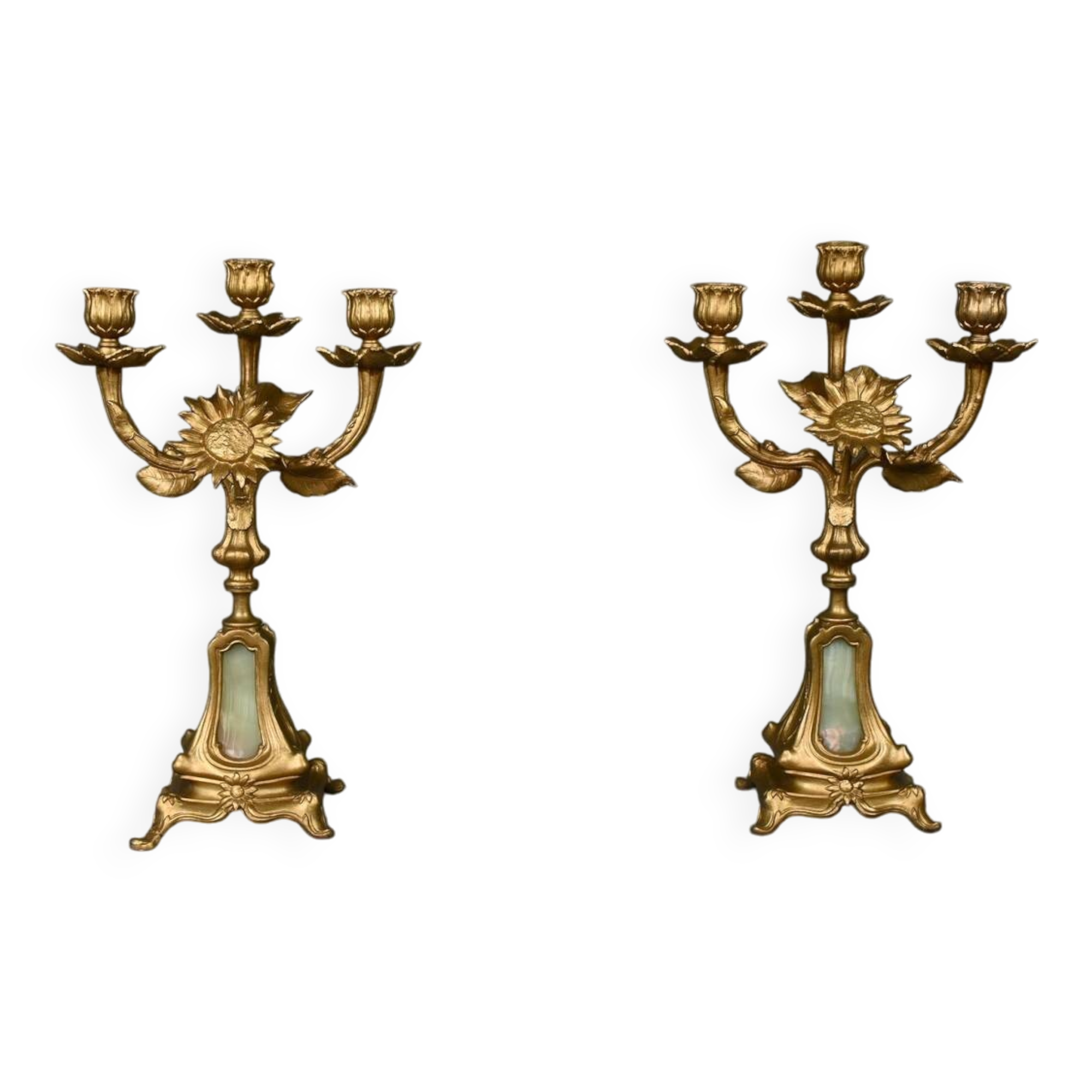 Pair of candelabra in gilded spelter and onyx – 1940