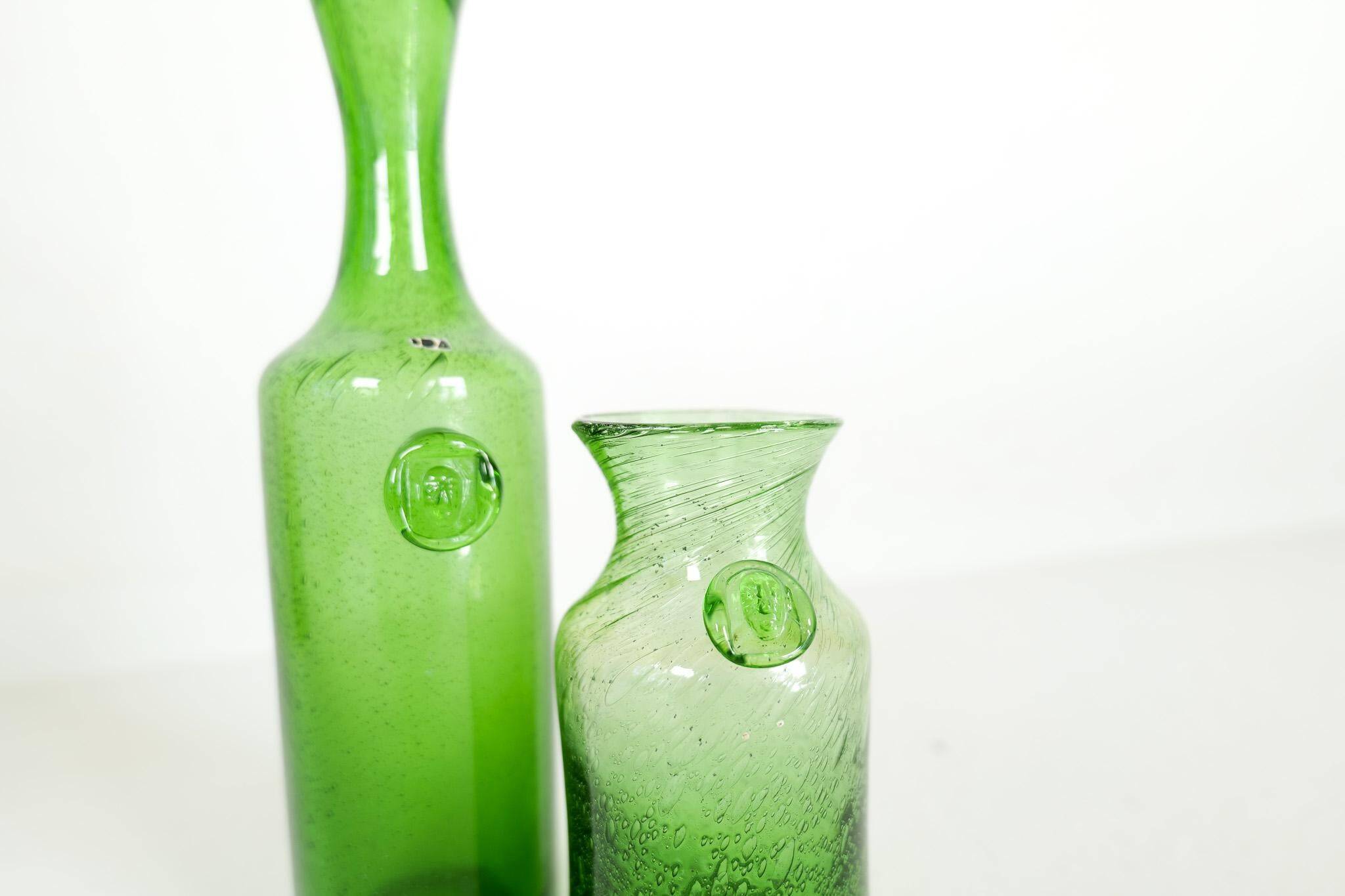 Mid-century modern collection of six green vases by Erik Hoglund, Sweden, 1960s.