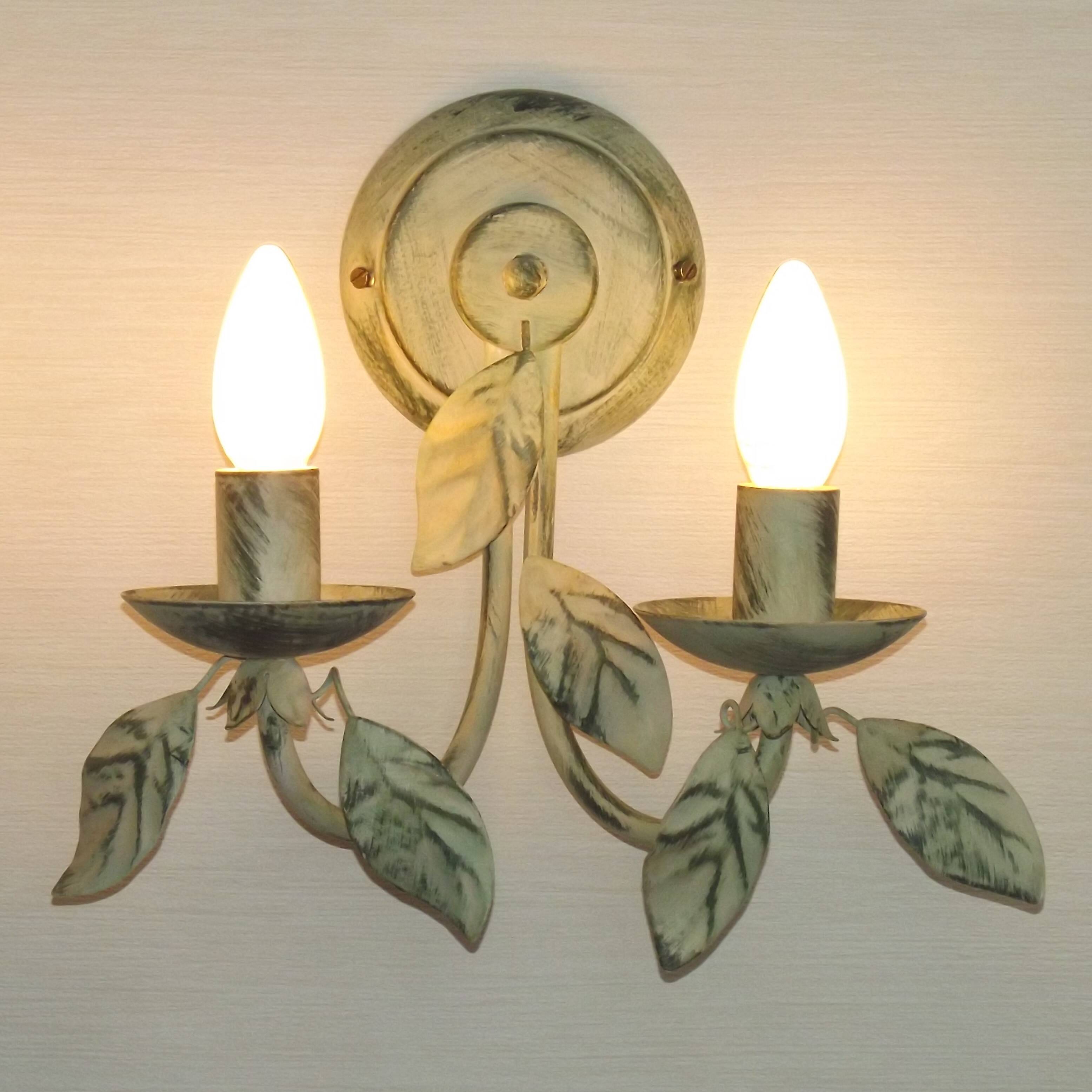 Pair of Vintage Italian Double Wall Lights Leaf Detail Green & Gold Finish