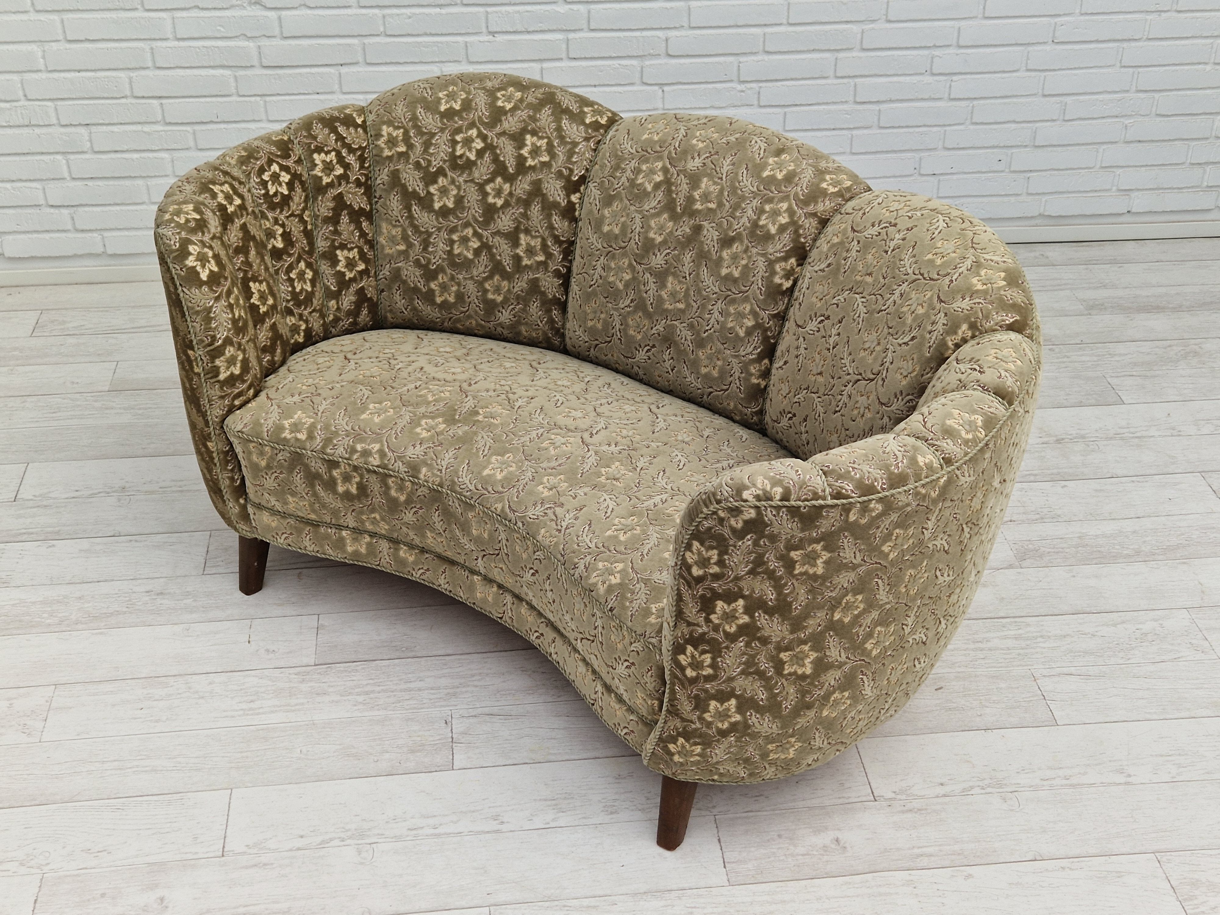 60s, danish vintage 2 seater "banana" sofa, green velour, original condition.