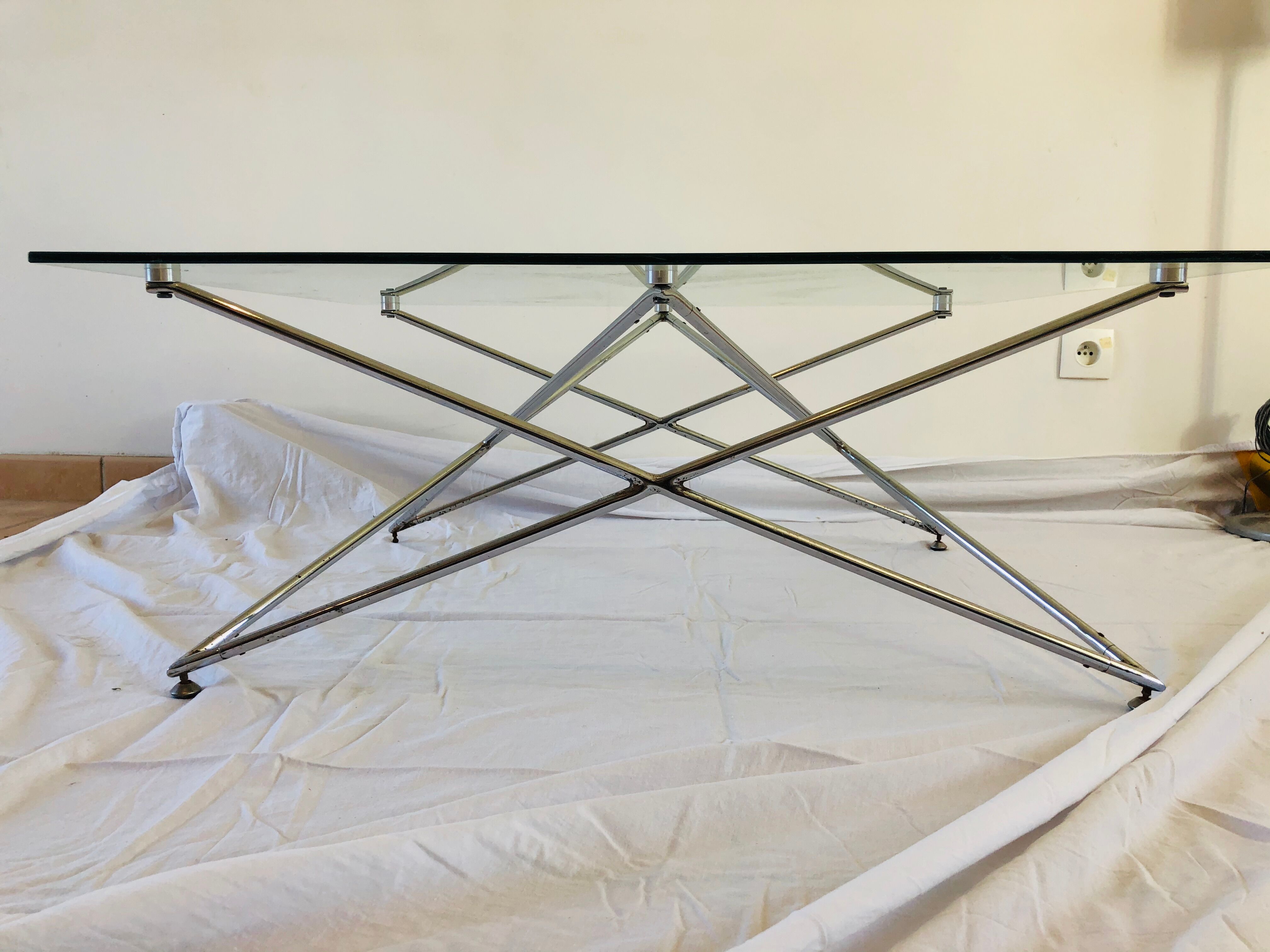 Vintage glass and chrome metal coffee table 1960