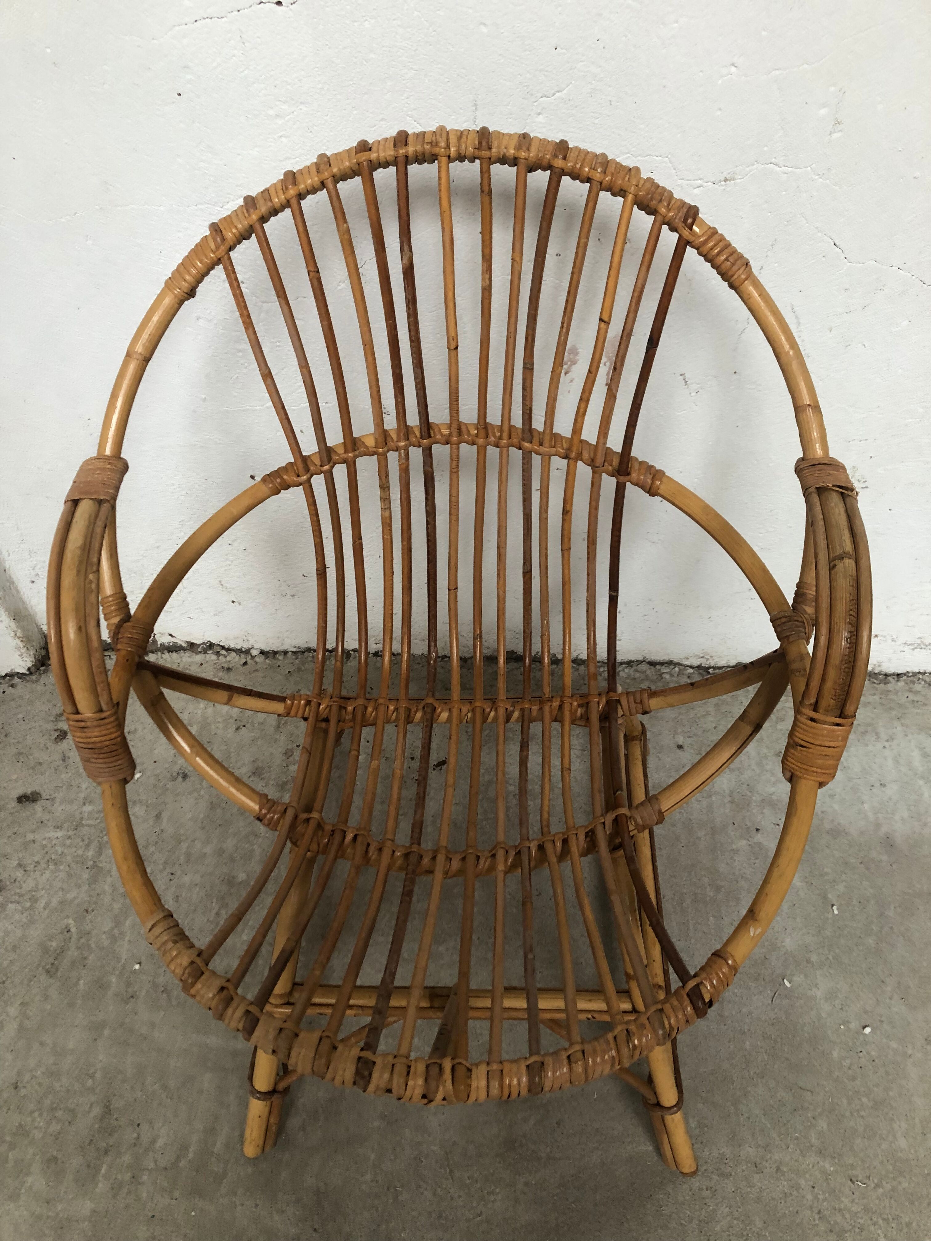 Vintage 70s rattan bamboo wicker shell armchair