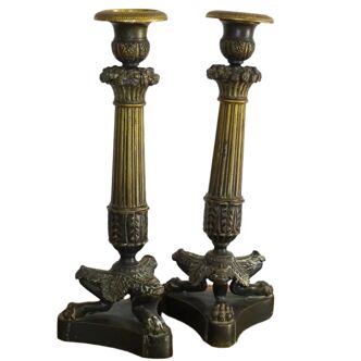Bougeoirs en bronze antique français, période de restauration