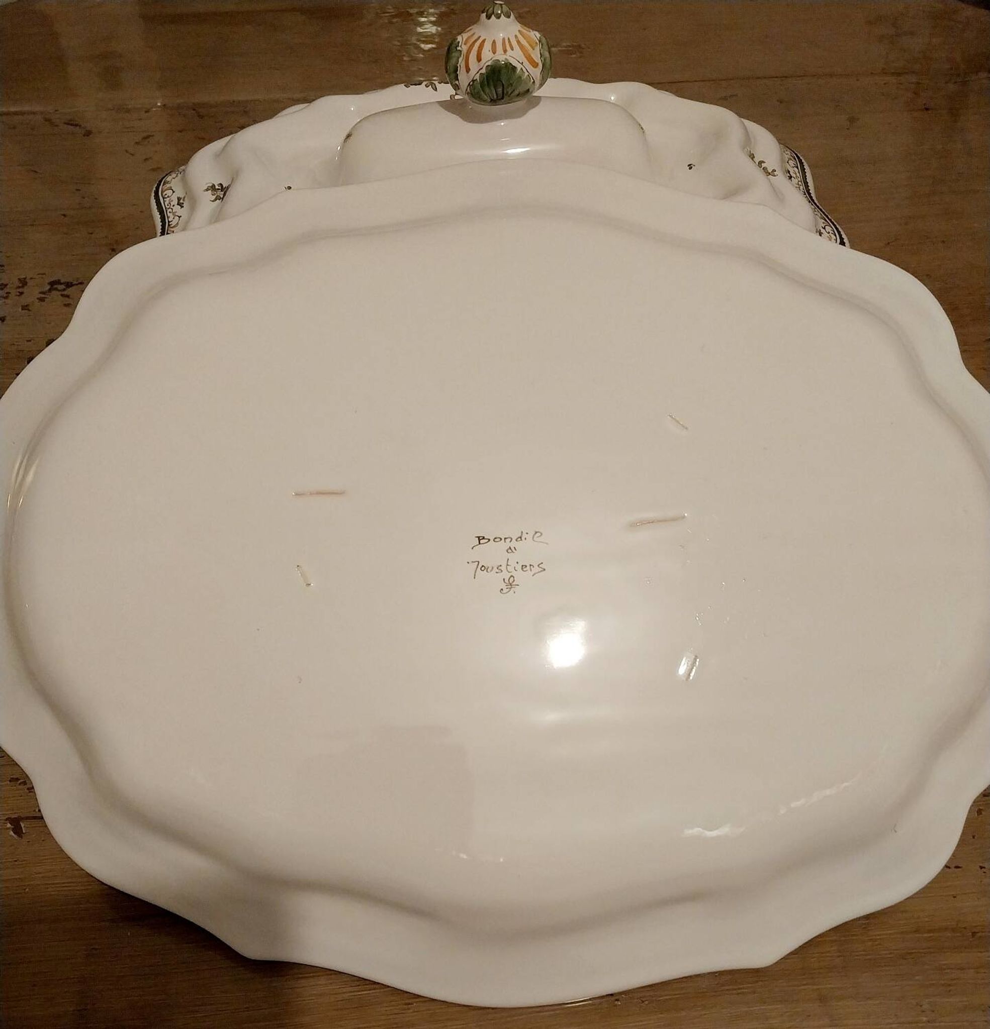 Soup tureen and dish signed Bondil from Moustiers, Provençal art pottery.