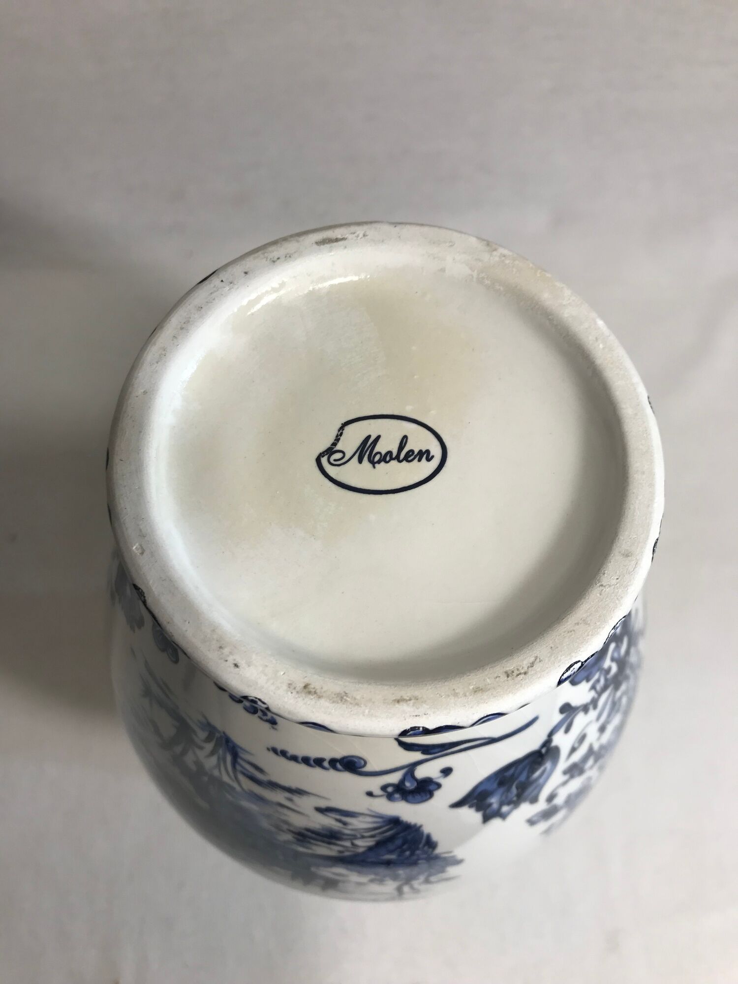 Vase porcelain molen blue & white decoration vintage old
