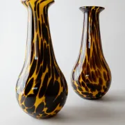 Vintage Murano glass vase from the 1990s, yellow art glass with black spots, postmodern Italian design.