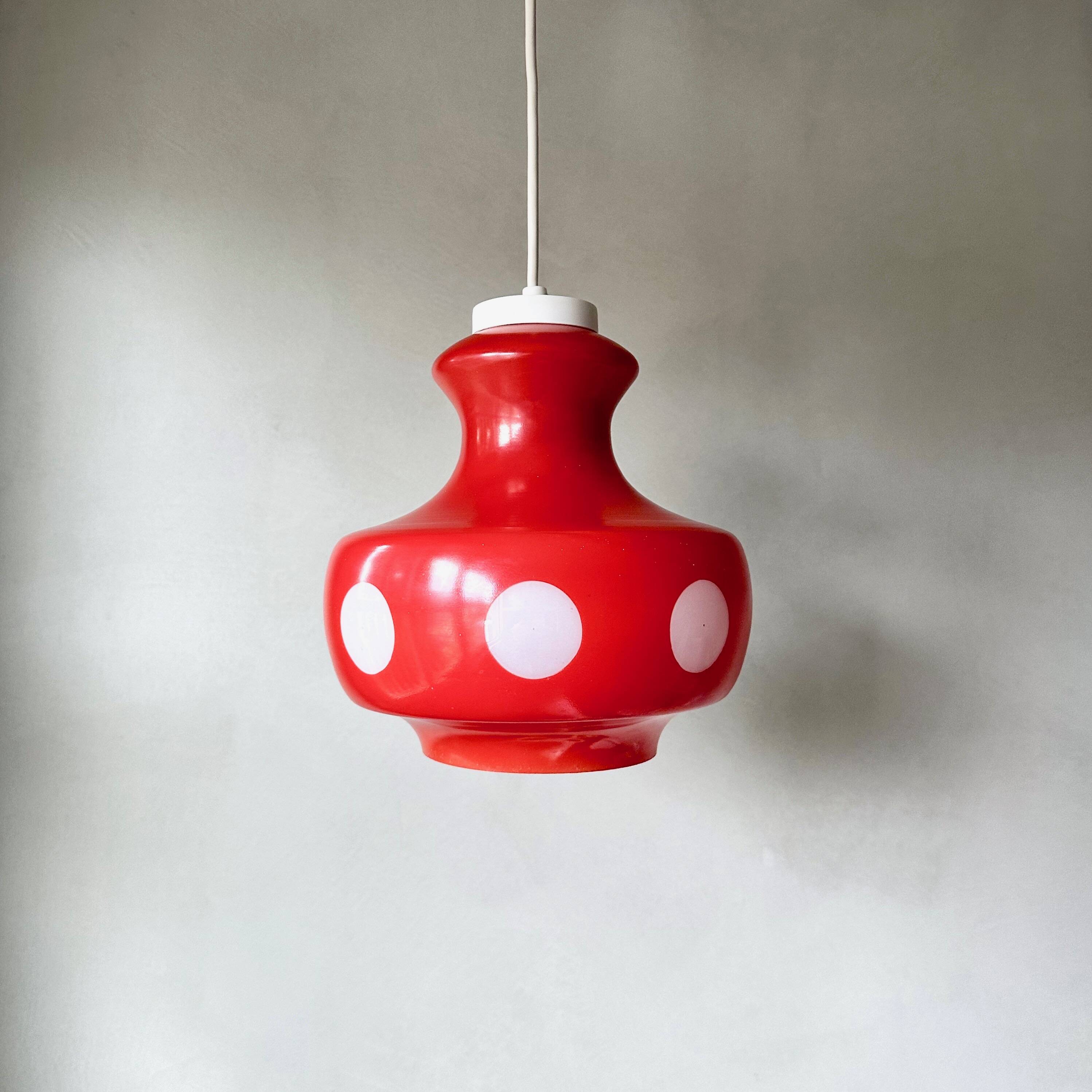 70's lamp polka dots, red glass lamp, vintage hanging lamp, children's room.