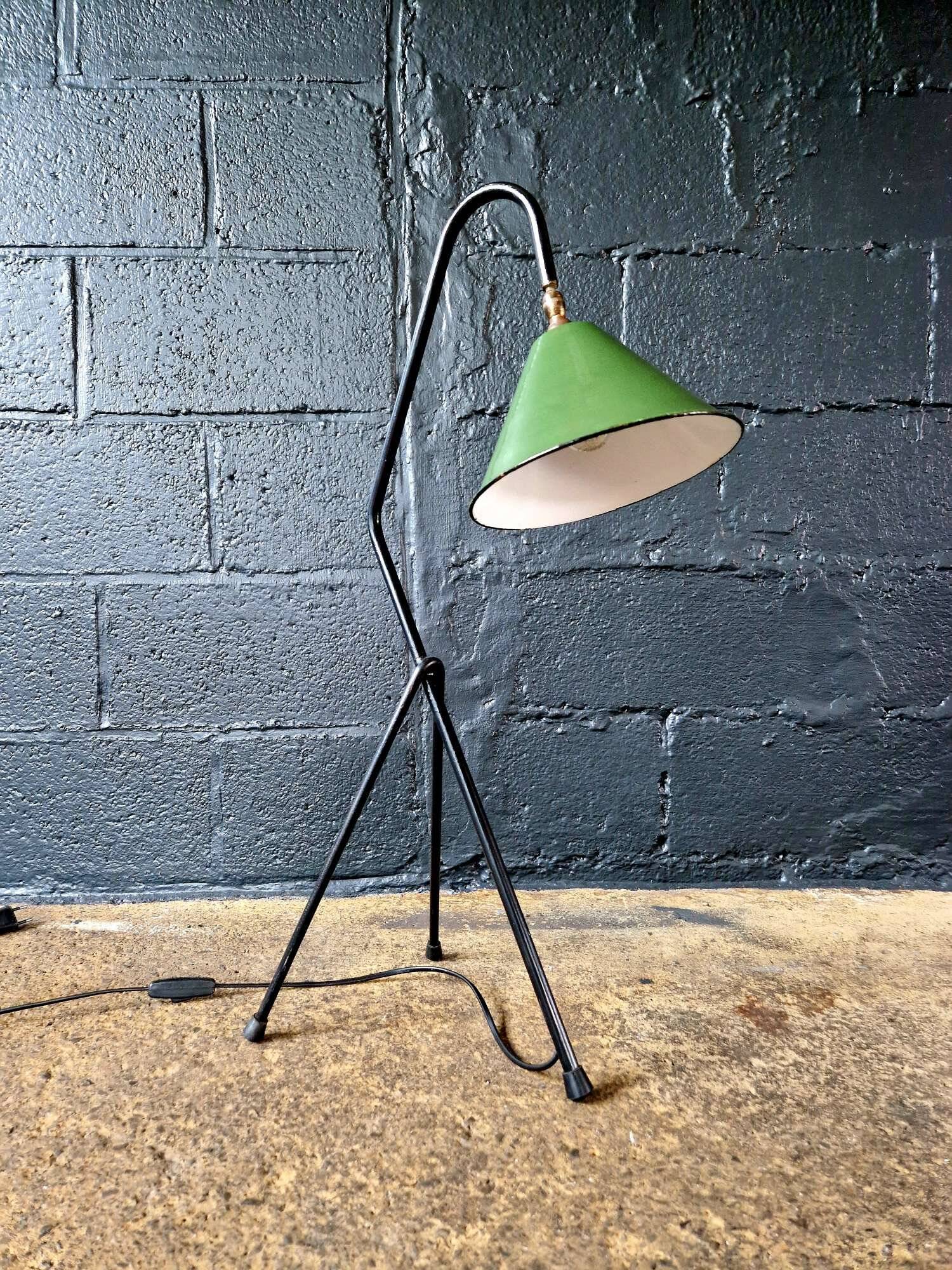 Industrial floor lamp in black lacquered metal and green enamelled sheet metal