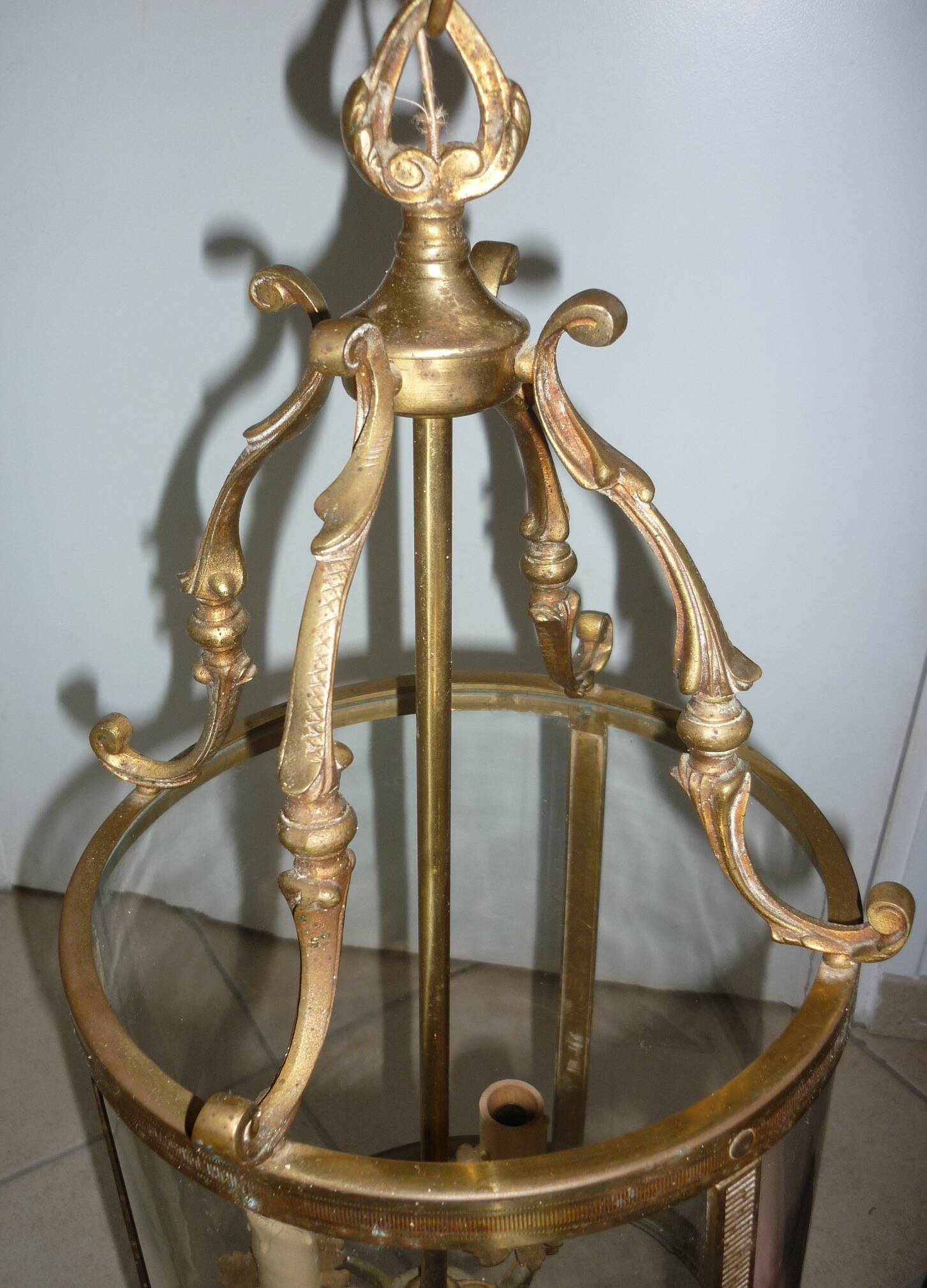 Antique glass and brass lantern pendant light, 3 lights