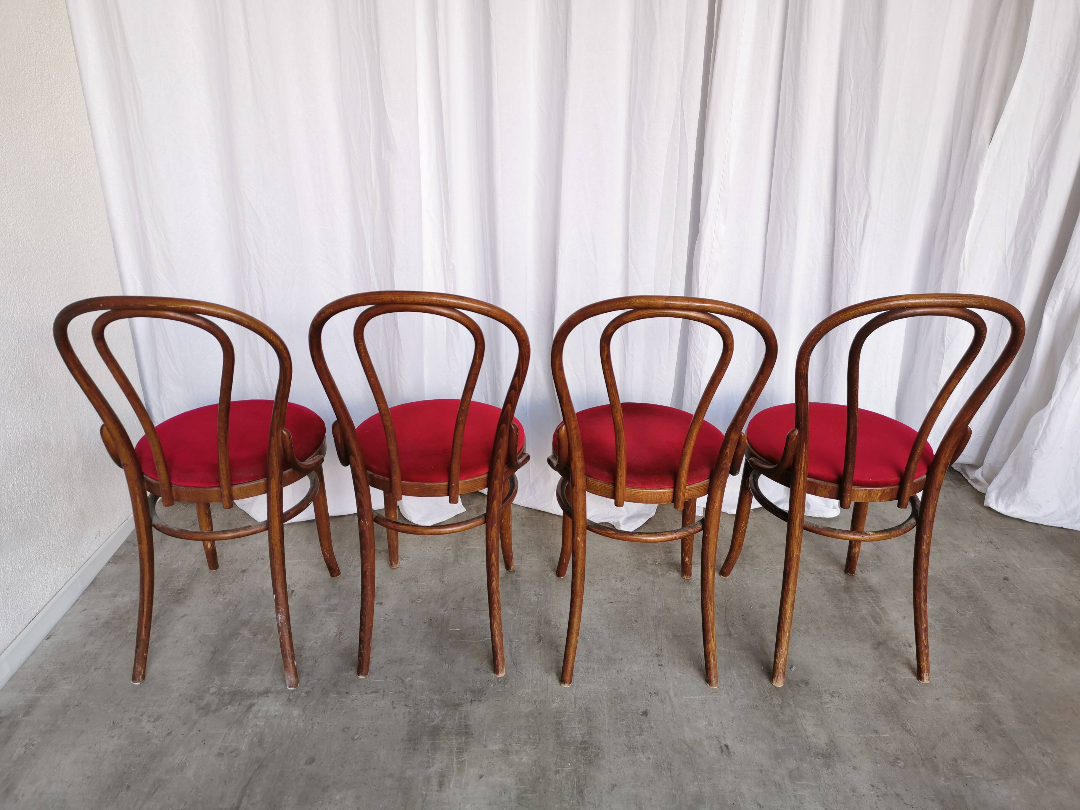 Set of 4 Vintage Bentwood Bistro Chairs, Red Upholstery