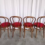 Set of 4 Vintage Bentwood Bistro Chairs, Red Upholstery