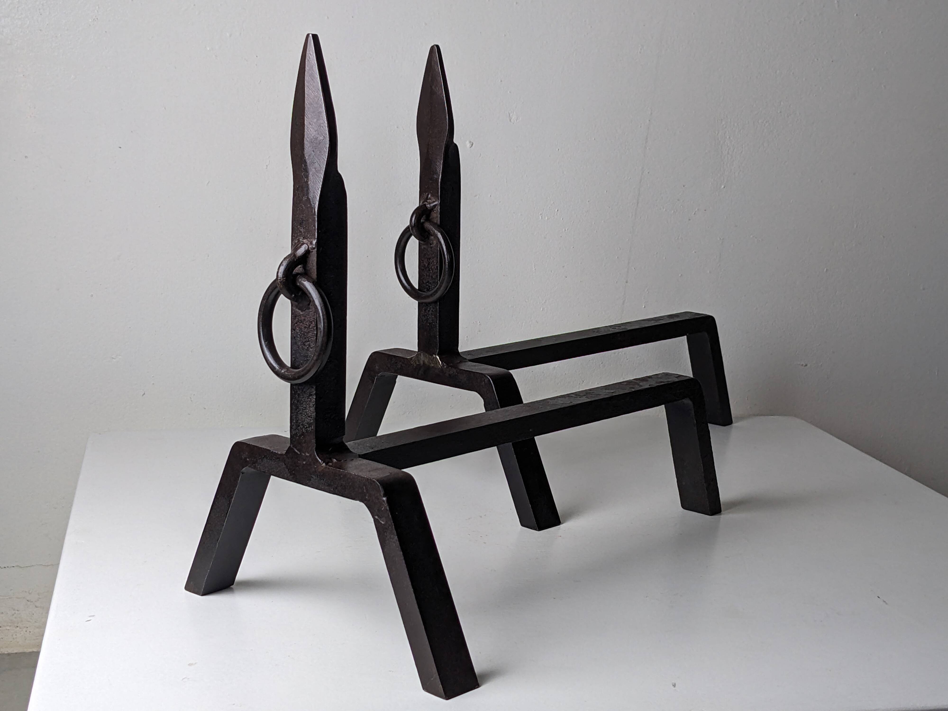 Pair of modernist wrought iron andirons - 1950s