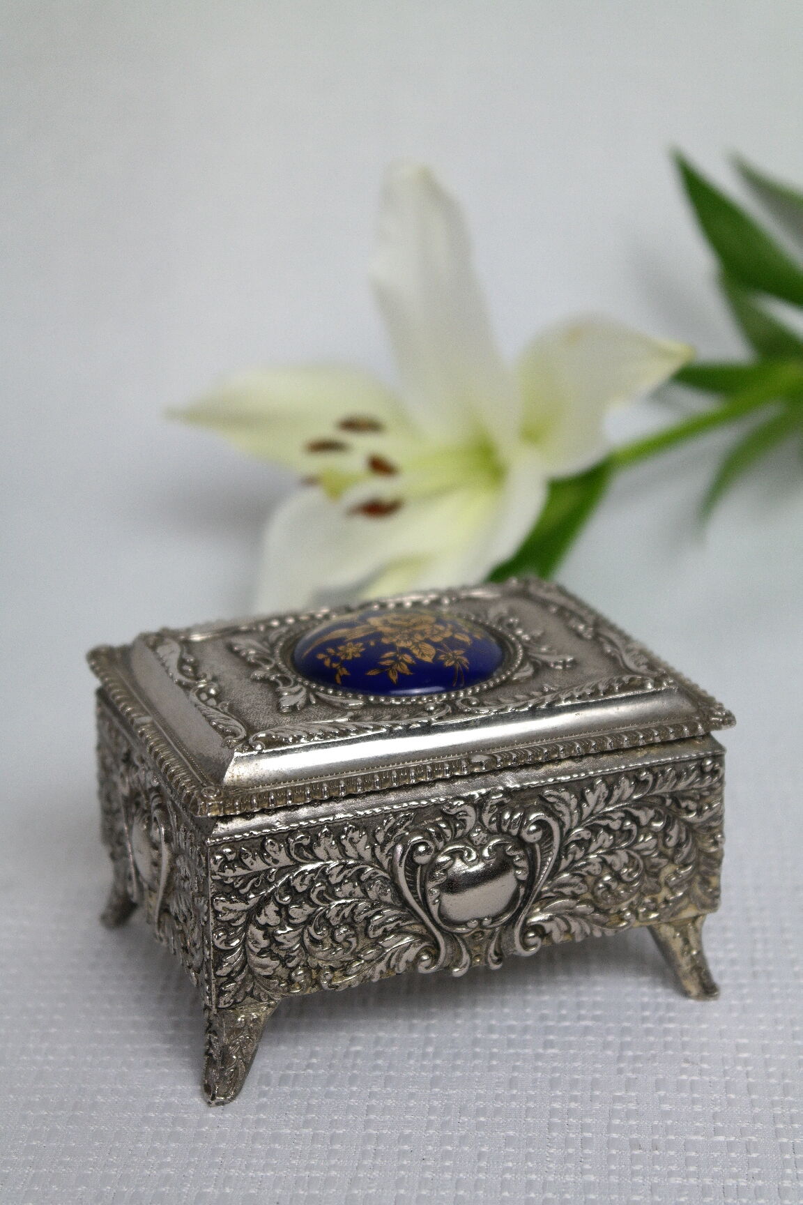Vintage Silver Metal Jewelry Box Japan