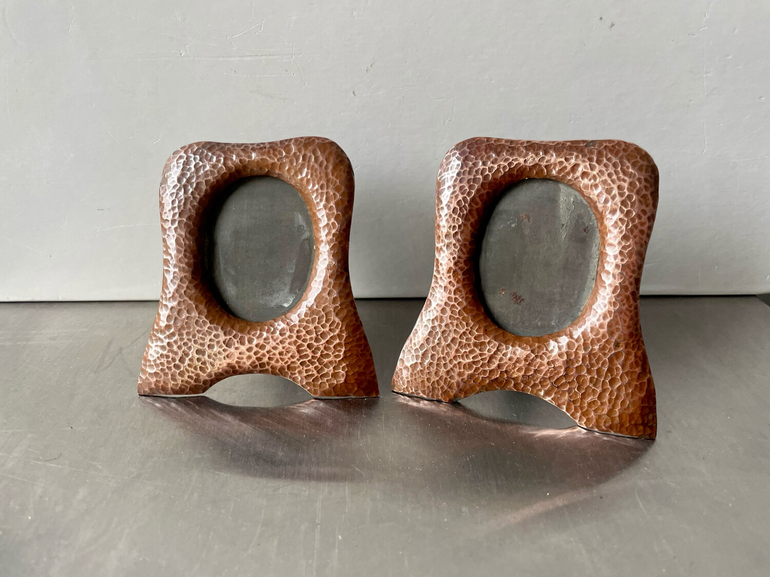 Pair of antique art nouveau copper metal photo frame  hammered copper