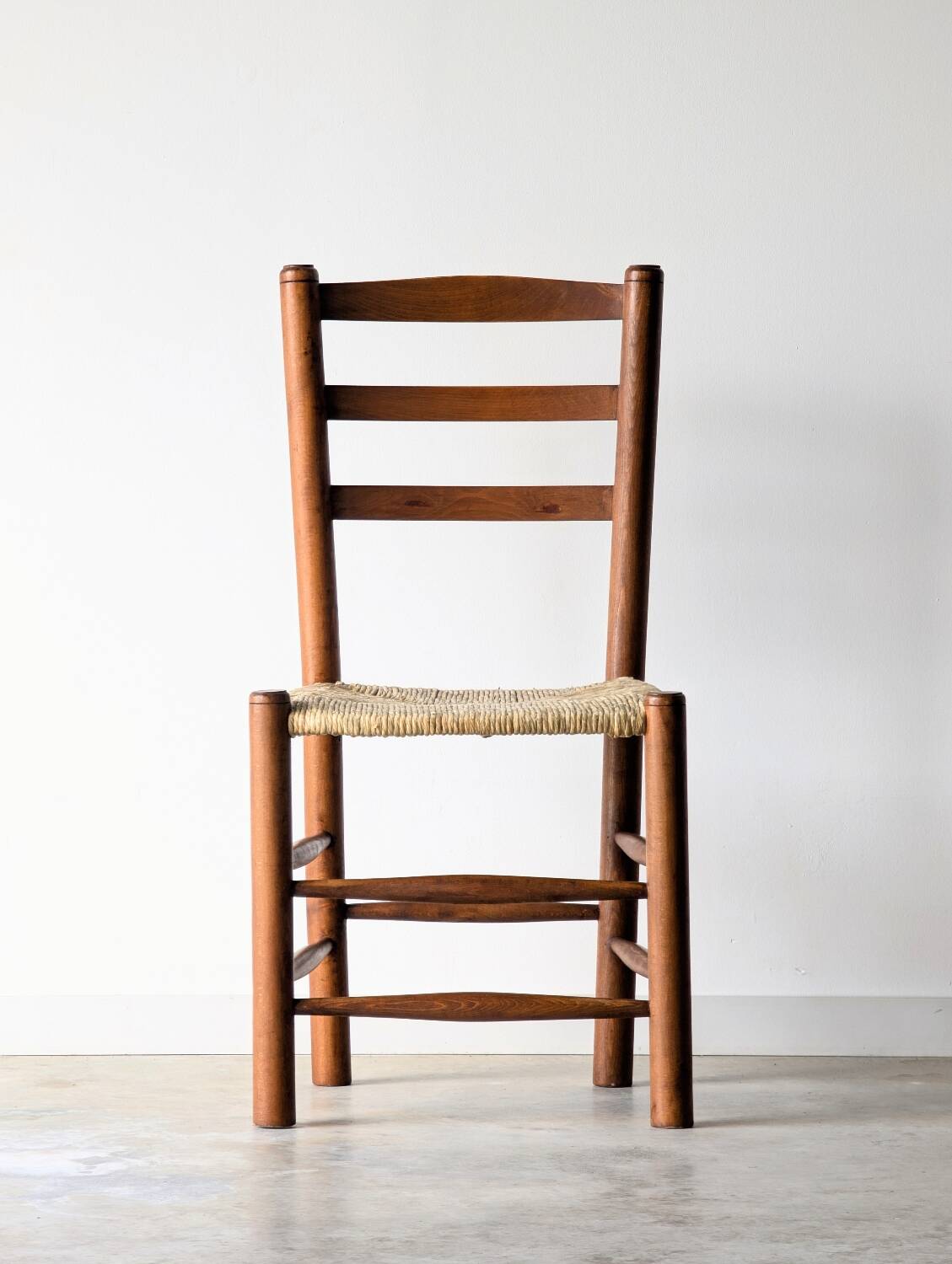 4 vintage brutalist chairs, wood & rope, Sentou / Perriand, 1960