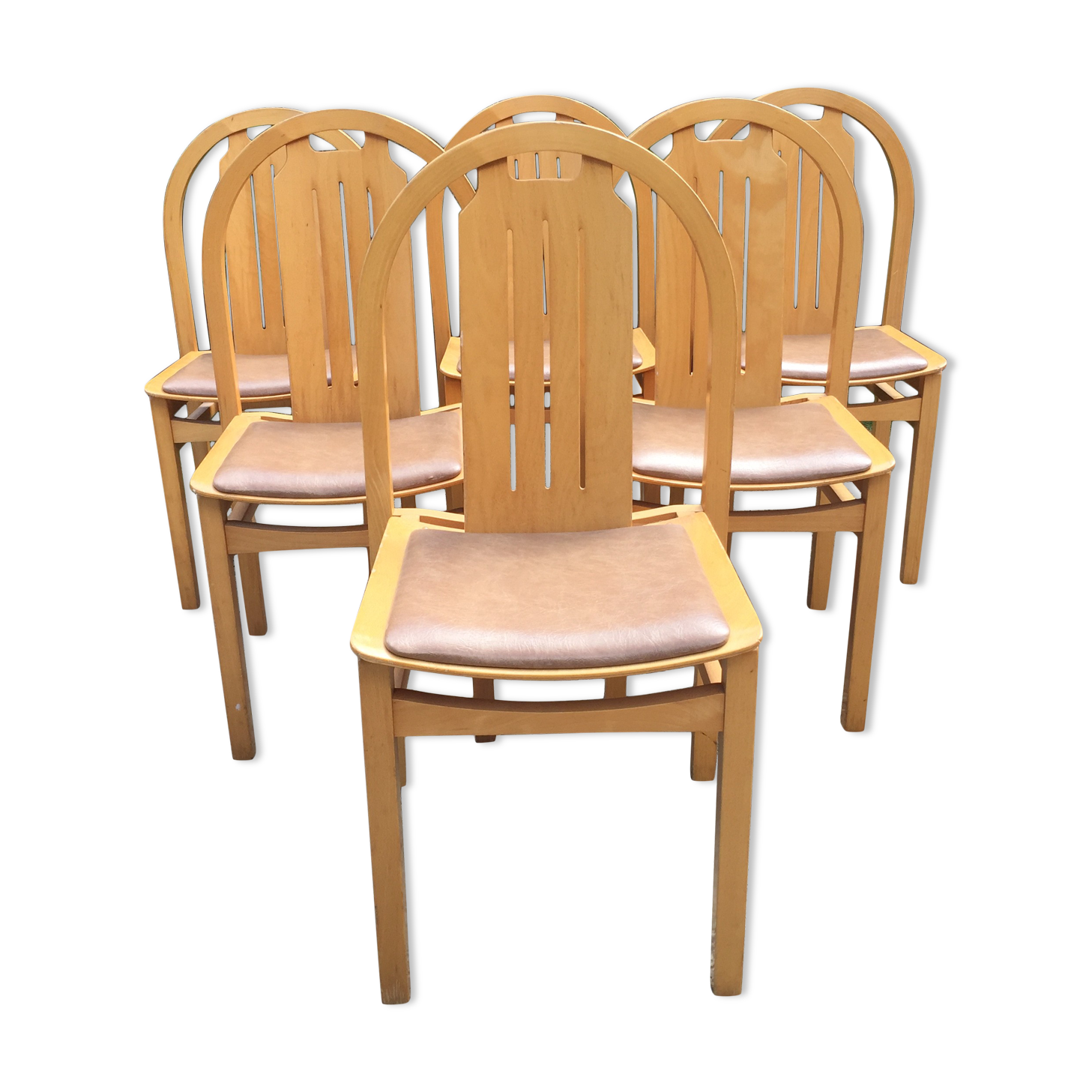 Vintage Baumann chairs in beech, seats in beige brown Skaï, series of 6.