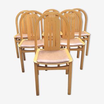 Vintage Baumann chairs in beech, seats in beige brown Skaï, series of 6.