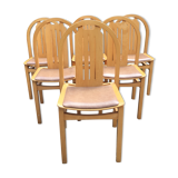 Vintage Baumann chairs in beech, seats in beige brown Skaï, series of 6.