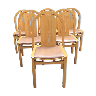 Chaises vintage Baumann en hêtre assises en skaï marron beige, série de 6.