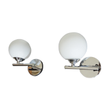 Pair of sconces with an opaline globe and chrome structure from the 1970s