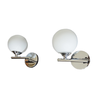 Pair of sconces with an opaline globe and chrome structure from the 1970s