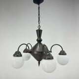 Art deco metal and milk glass chandelier, 1930's