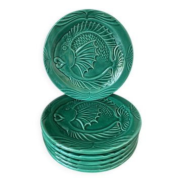 Vallauris - Suite de 6 assiettes poissons terre de faïence & couverte verte