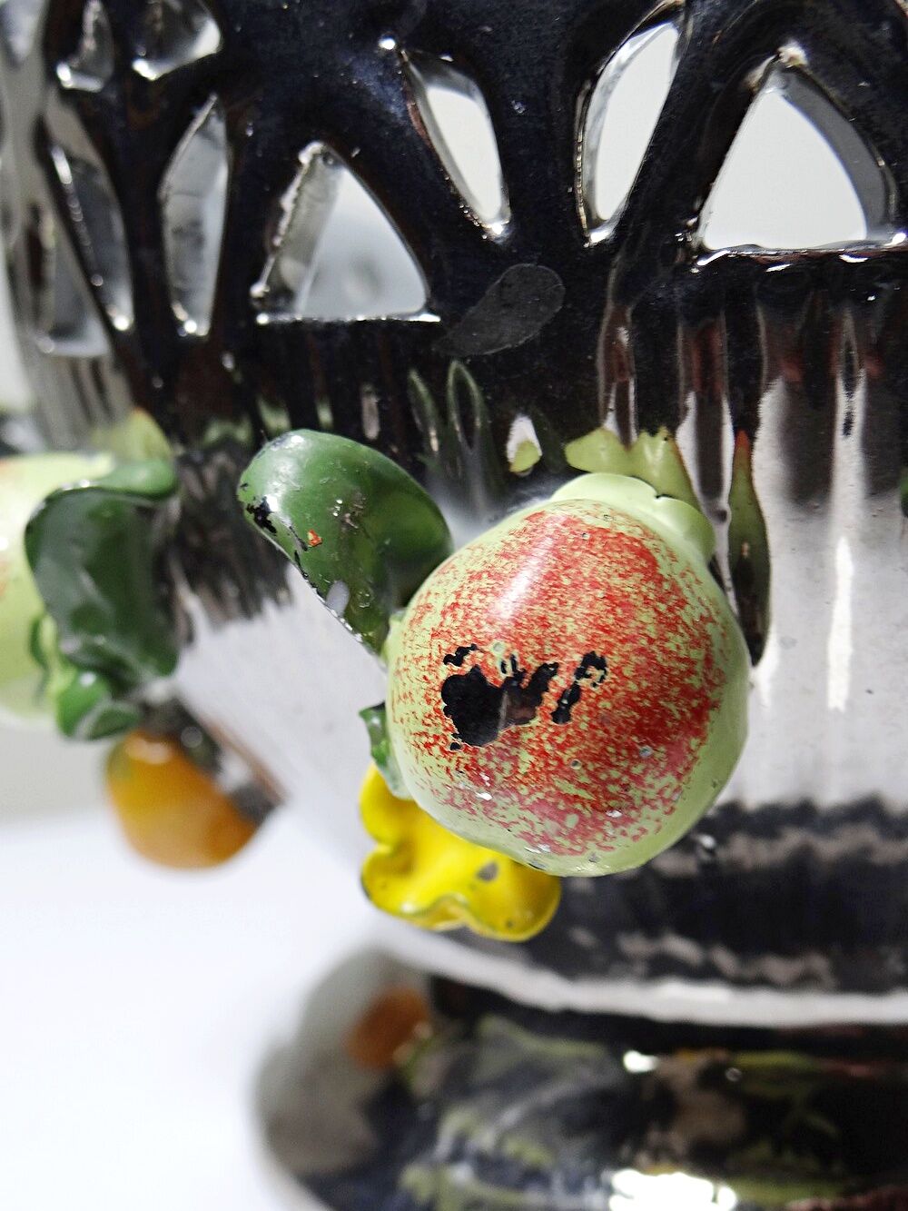 Vintage Italian silver-plated porcelain bowl with cut-out design of fruits and flowers.