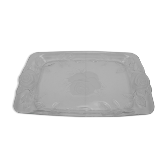 Plateau verre décor roses vintage french glass tray