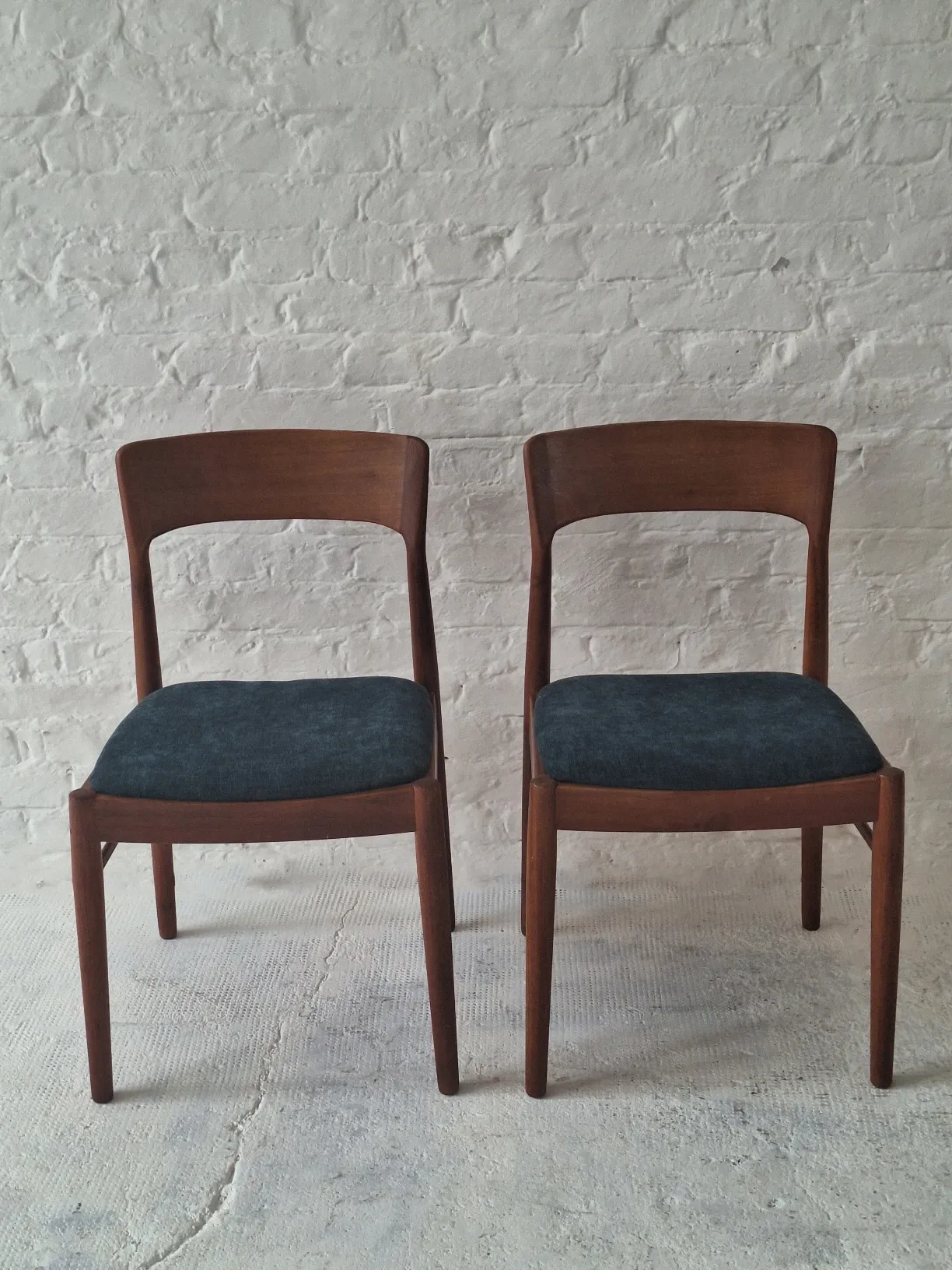 Pair of Henning Kjaernulf teak dining chairs sea blue-green, Denmark 1960s