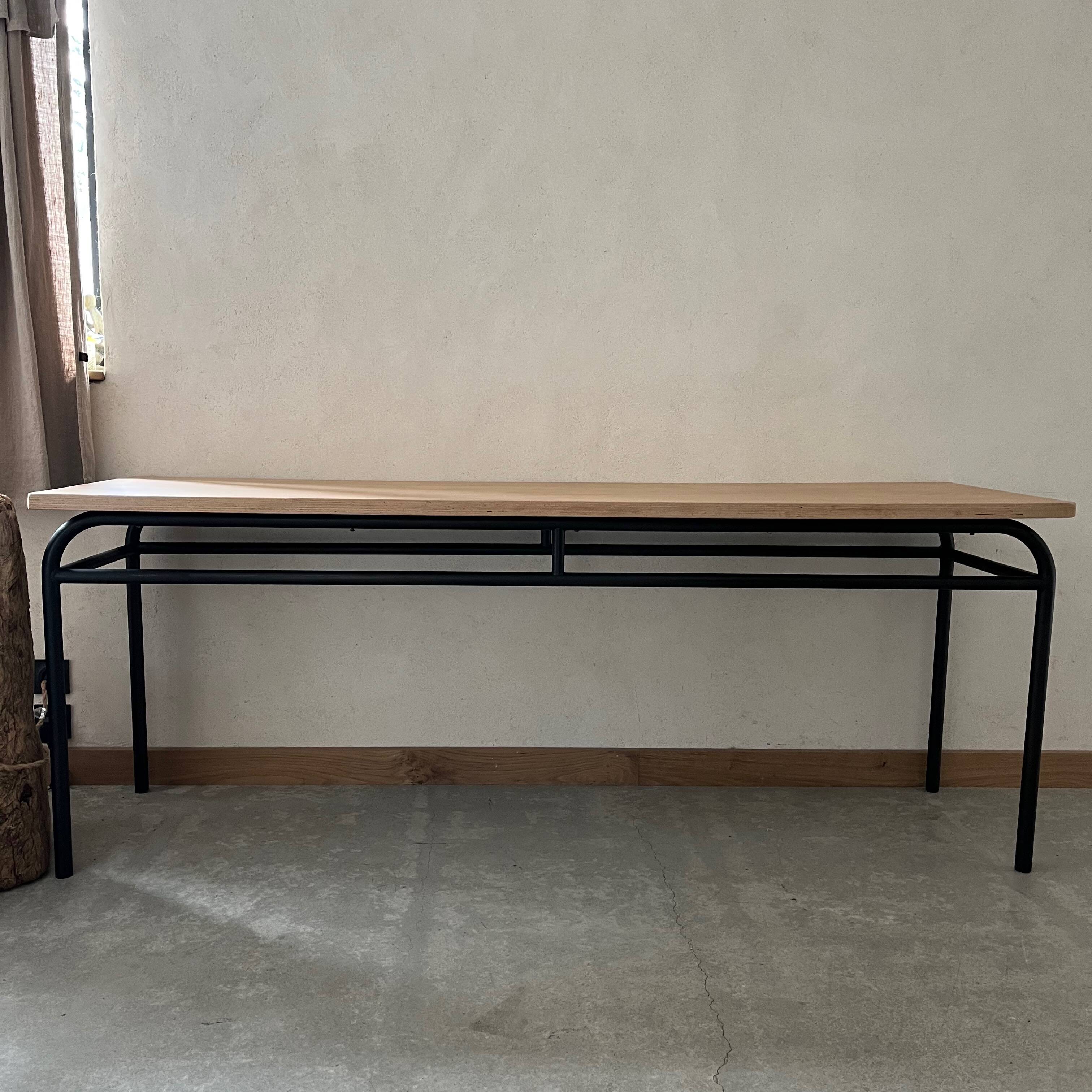 raw wood table, metal legs