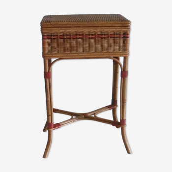 Vintage rectangular sewing basket in black, orange and red rattan