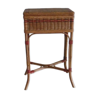 Vintage rectangular sewing basket in black, orange and red rattan