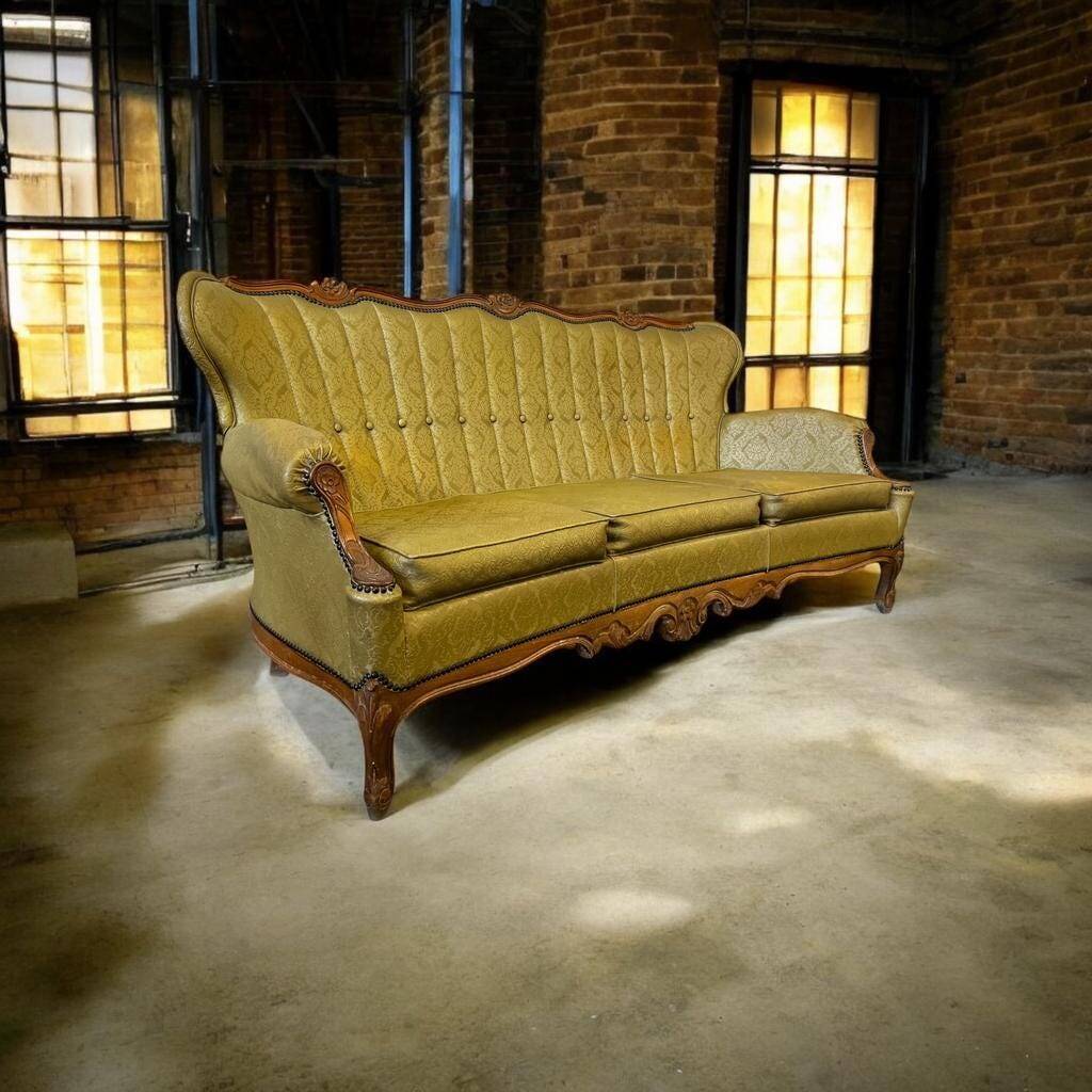 Vintage mustard yellow baroque sofa / three seater