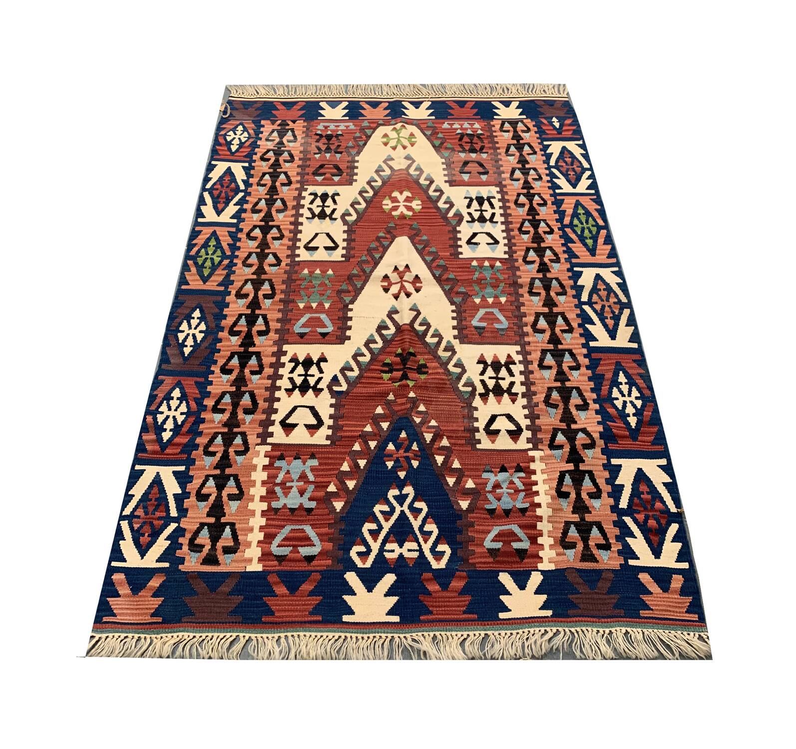 Antique Turkish Mihrabi Kilim Rug, Anatolian Geometric Rustic Carpet