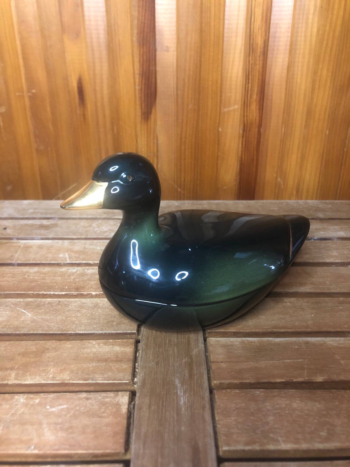 Old michel caugant terrine duck shape ceramic green golden vintage #a409