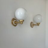 Pair of vintage wall lights, brass and opaline, France, 1980