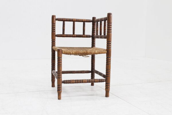 Banc Bobbin vintage avec assise en jonc, années 1920