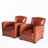 Pair of vintage club armchairs. Wood and Skay. France, 50