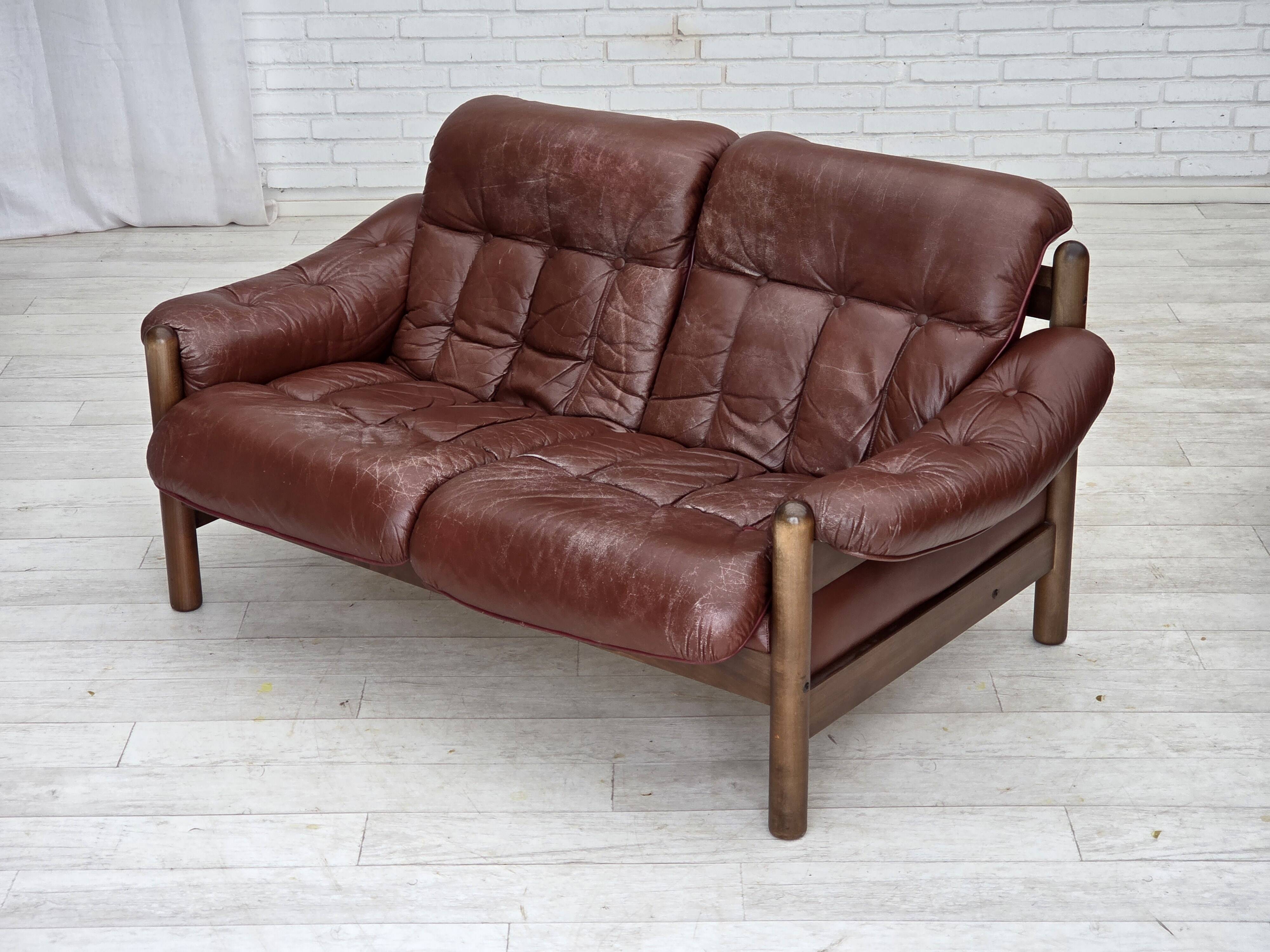 1970s, 2-seater Swedish sofa, brown leather with patina, dark beech wood.