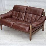 1970s, 2-seater Swedish sofa, brown leather with patina, dark beech wood.