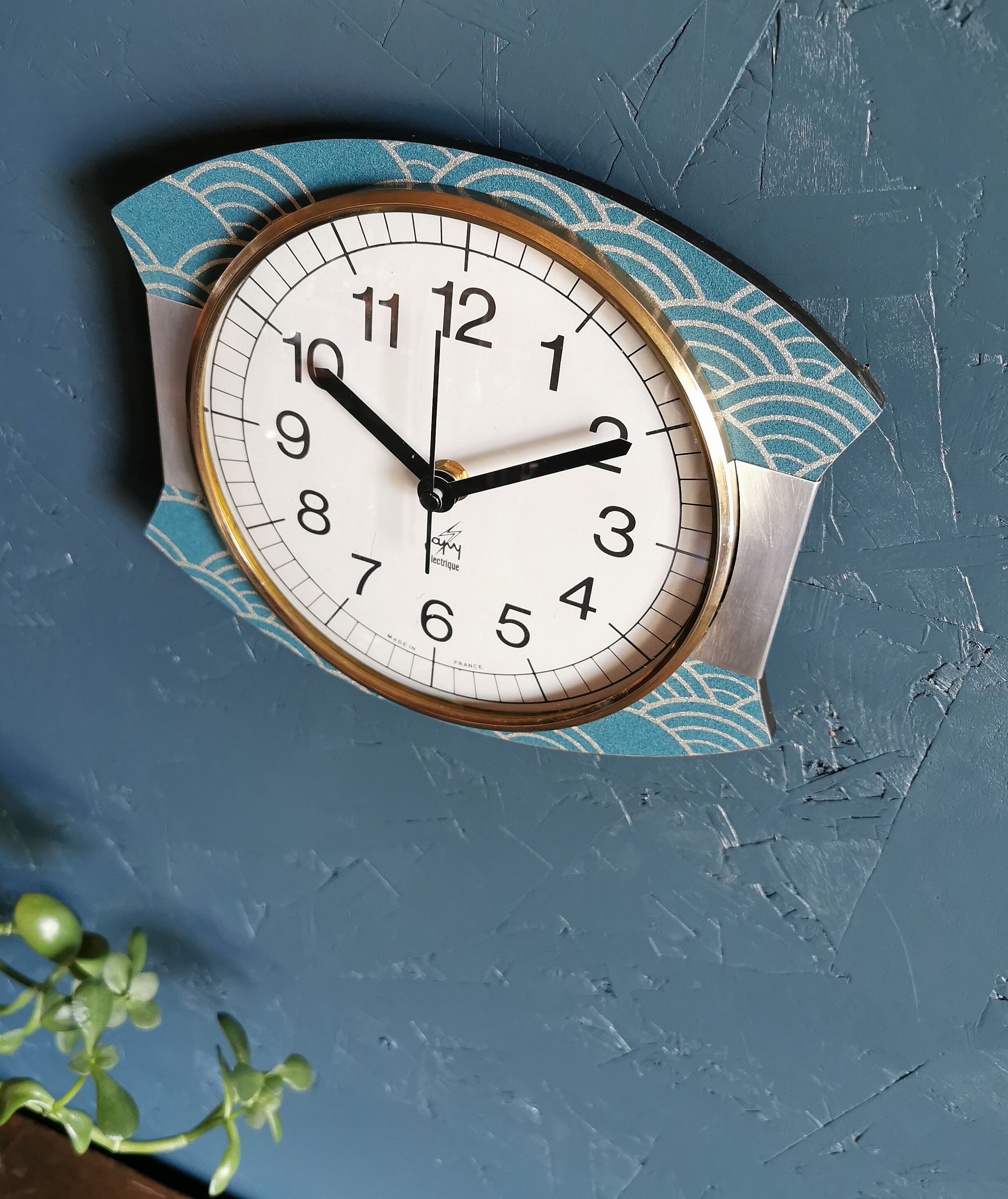 Vintage clock silent rectangular wall clock Japy blue silver