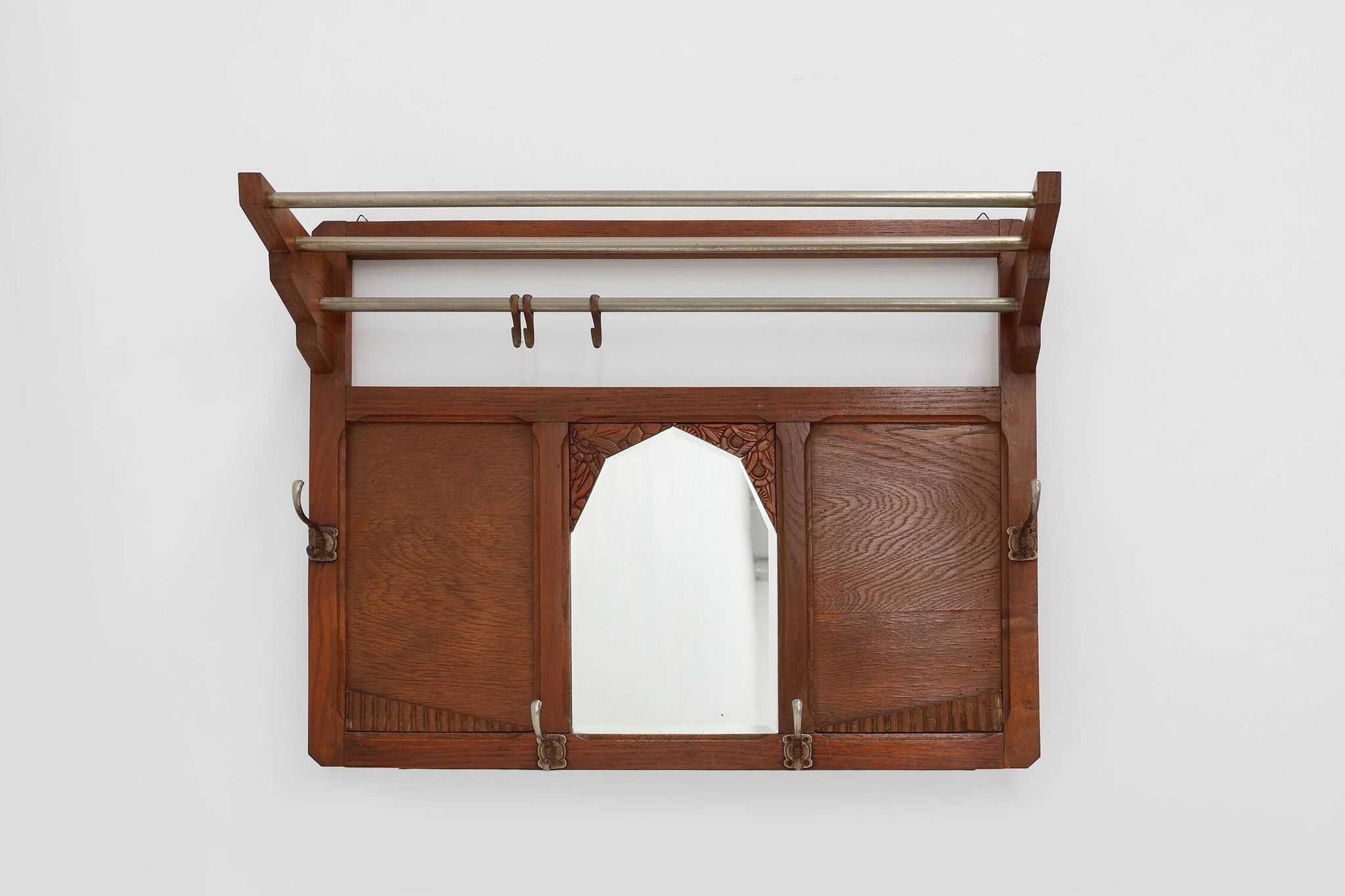 Art Deco oak carved wall coatrack with mirror, France 1920s