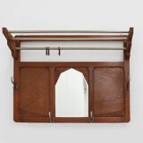 Art Deco oak carved wall coatrack with mirror, France 1920s