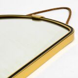 Beautiful small mid-century brass wall mirror with braided hanging strap