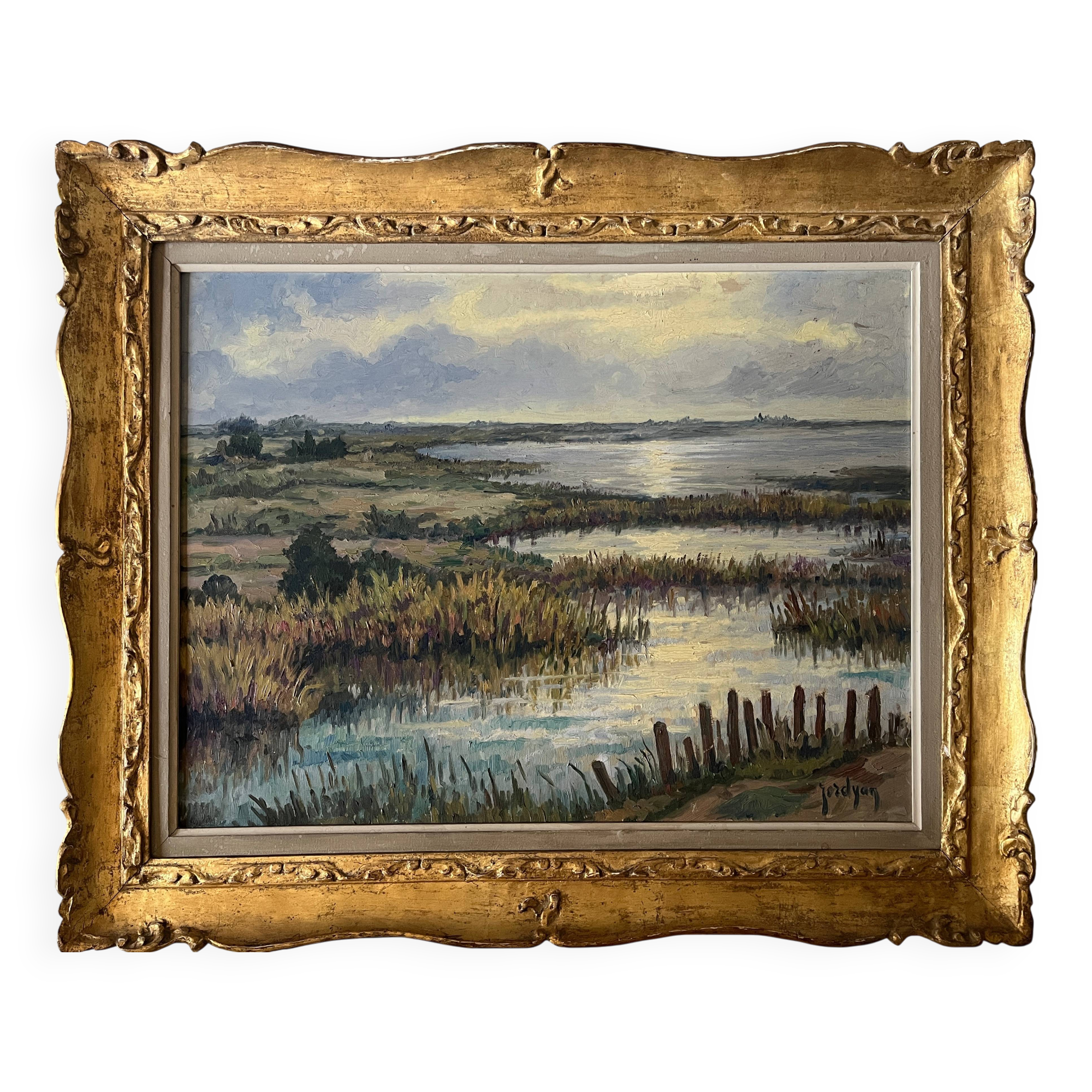 HSP painting, early 20th century, "Camargue Landscape" signed Jordyan + frame